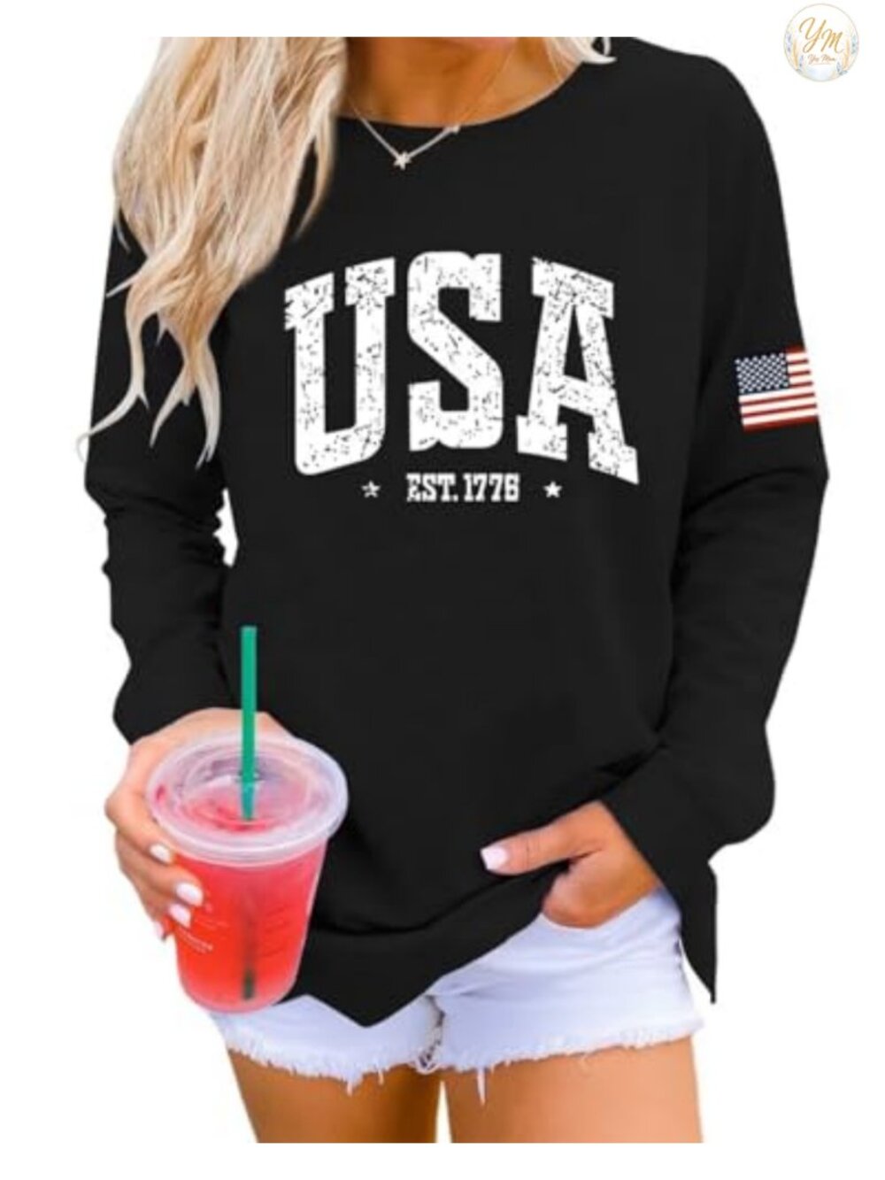 Womens USA Graphic Sweatshirt Long Sleeve Crew Neck Pullover Casual Top
